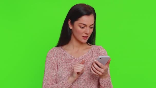 Happy Excited Joyful Woman Use Smartphone Typing Browsing Shouting Say — Stok video