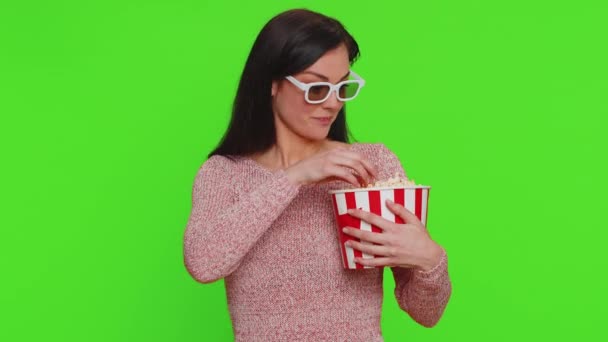 Excited Woman Glasses Eating Popcorn Watching Interesting Home Serial Sport — Stockvideo