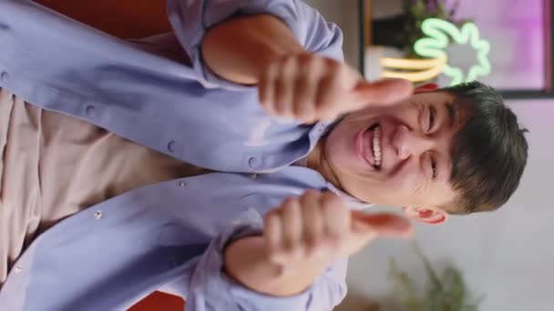 Happy Excited Asian Man Looking Approvingly Camera Showing Thumbs Sign — Stock video