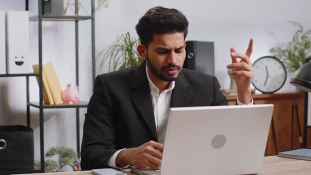 Indian Businessman Working Laptop Computer Home Office Desk Talk Online — Stock videók