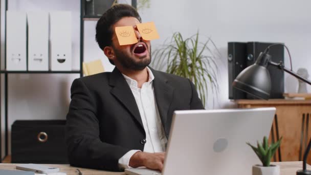 Inefficient Tired Young Businessman Working Sleeping Laptop Computer Eyes Stickers — Stockvideo