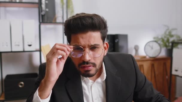 God Wow Indian Businessman Working Home Office Workplace Taking Glasses — Stock videók