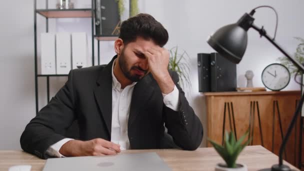 Tired Indian Businessman Feeling Worried Financial Problem Stress Home Office — Stockvideo