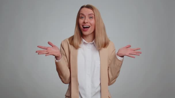 God Wow Excited Amazed Winner Office Woman Raising Hands Surprise — Vídeo de Stock