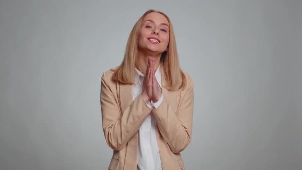 Please God Help Forgive Woman Freelancer Praying Looking Upward Making — Vídeo de Stock