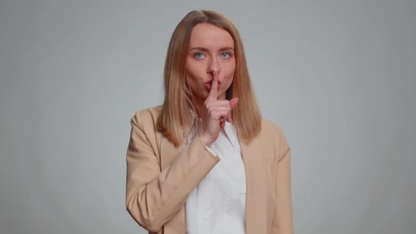 Shh Quiet Please Keep Secret Portrait Young Businesswoman Presses Index — Stock Video