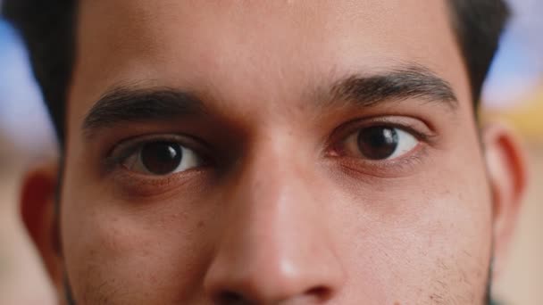 Extreme Close Macro Portrait Smiling Indian Man Face Young Guy — Video Stock