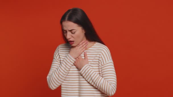 Unhealthy Pretty Woman Coughing Covering Mouth Hand Feeling Sick Allergy — Stok video