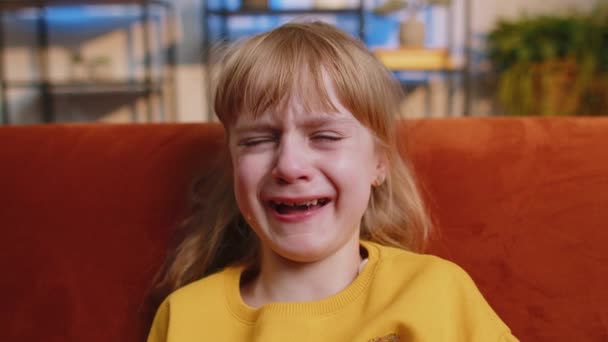 Close Portrait Upset Punished Child Little Girl Kid Crying Tears — 비디오