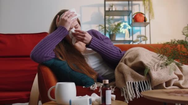 Portrait Ill Woman Suffering Cold Allergy Pain Lying Couch Living — Vídeo de Stock