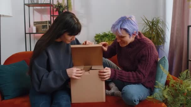 Feliz Duas Jovens Lésbicas Casal Família Desempacotando Pacote Entrega Casa — Vídeo de Stock