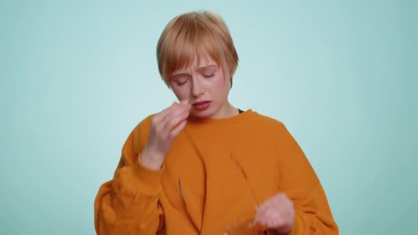 Exhausted Tired Short Haired Woman Takes Glasses Feels Eyes Pain — Stock Video