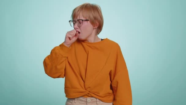 Unhealthy Young Woman Coughing Covering Mouth Hand Feeling Sick Allergy — Stock Video