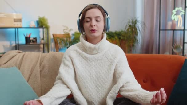 Keep Calm Relax Inner Balance Portrait Woman Breathes Deeply Mudra — Stok video
