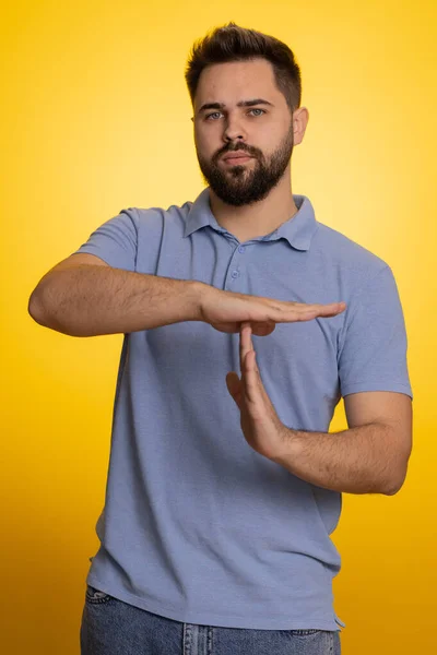 Tired Serious Upset Young Caucasian Man Showing Time Out Gesture — Stock Photo, Image