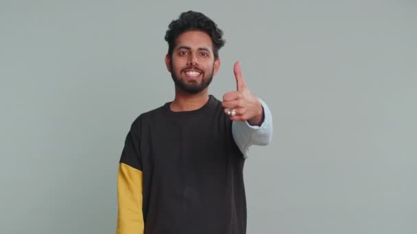Indian Young Man Sweater Raises Thumbs Agrees Something Gives Positive — Stock Video