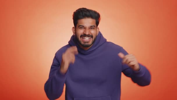 Happy Joyful Indian Man Shouting Celebrating Success Winning Birthday Lottery — Stock Video