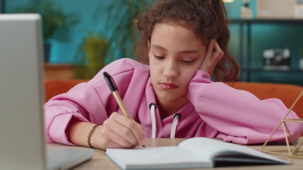Bored Tired Preteen School Girl Using Laptop Online Lesson Doing — Stock Video