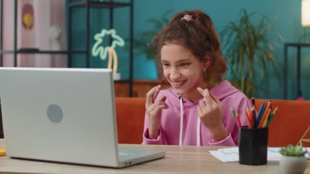 Caucasian Preteen School Girl Using Laptop Computer Celebrating Victory Online — Stock Video