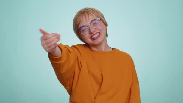 Come Want Embrace You Young Happy Woman Glasses Spread Hands — Stock Video