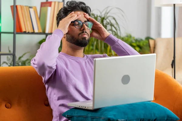 Tired Freelancer Indian Man Use Laptop Suffering Headache Problem Tension — Foto Stock