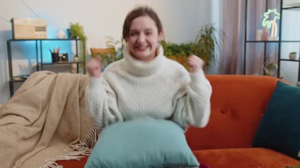 Happy Young Woman Shouting Celebrating Success Winning Goal Achievement Good — стоковое видео