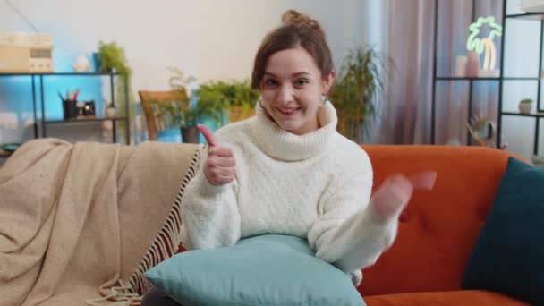 Happy Excited Woman Looking Approvingly Camera Showing Thumbs Sign Positive — Stock Video