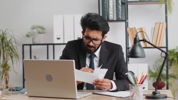 Stressed Indian Businessman Working Looking Unpaid Bank Debt Bills Doing — Stock Video