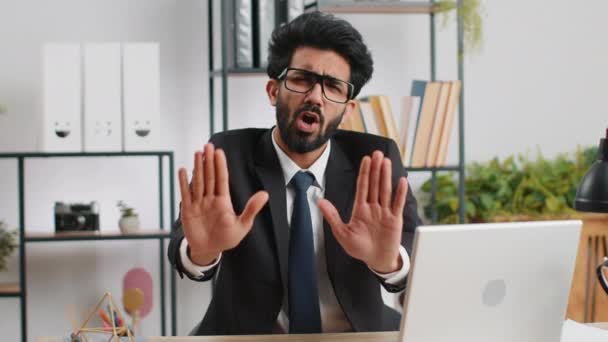 Stop Indian Businessman Guy Working Laptop Warning Finish Prohibited Access — Stockvideo