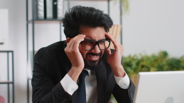 Tired Ill Indian Businessman Suffering Headache Problem Tension Migraine Stress — Vídeo de stock