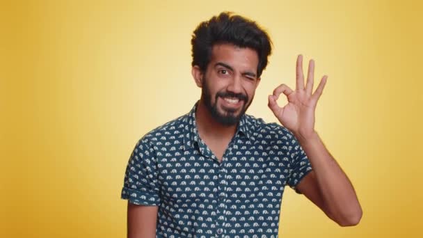 Radostný Šťastný Indián Košili Který Dívá Souhlasně Kameru Ukazuje Schvaluje — Stock video