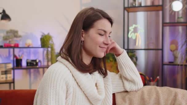 Portrait Happy Calm Young Woman Home Couch Smiling Friendly Glad — Vídeos de Stock