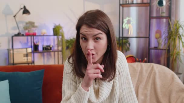 Shh Quiet Please Silent Portrait Young Woman Presses Index Finger — Stock Video