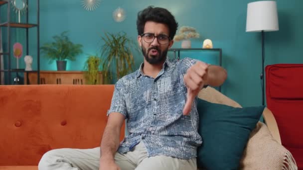 Dislike Upset Indian Man Showing Thumbs Sign Gesture Expressing Discontent — Stock video