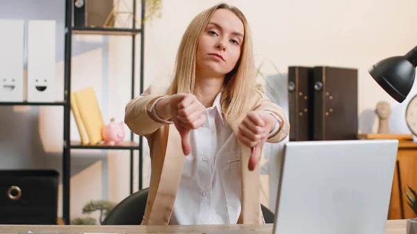 Dislike Upset Businesswoman Girl Working Laptop Computer Home Office Thumbs — 图库照片