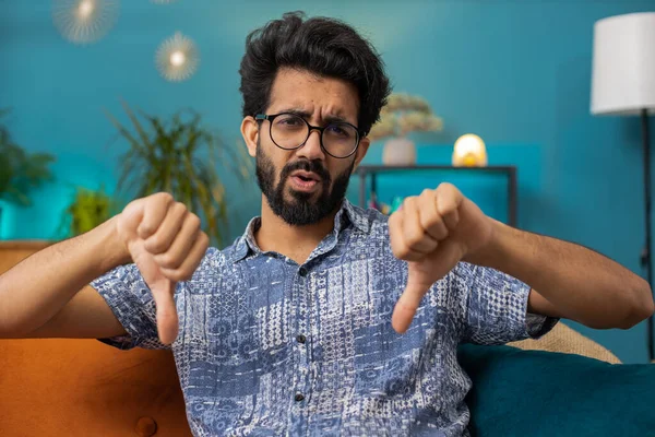 Dislike Upset Indian Man Showing Thumbs Sign Gesture Expressing Discontent — 图库照片