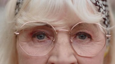 Gözlüklü buruşuk yüzün aşırı yakın plan makro portresi. Yaşlı, son sınıf güzel kadın gözleri, kameraya bakıyor. Büyükannenin gri gözleri, yaşlı kadın. Olgun büyükanne göz kırpan gözlerini açıyor