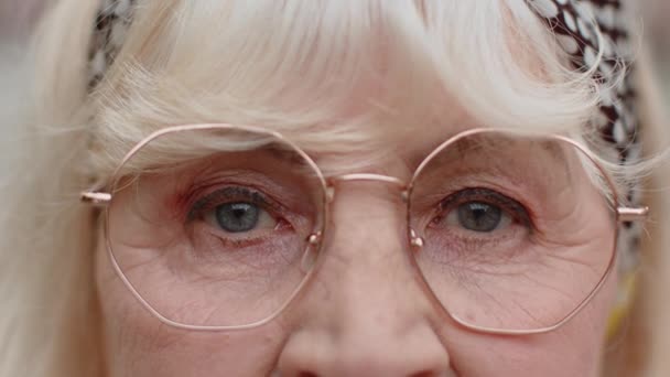 Ekstremalne Makro Portret Pomarszczonej Twarzy Okularach Stare Piękne Kobiece Oczy — Wideo stockowe