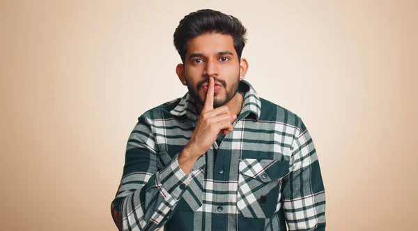 Shh Quiet Please Young Indian Man Presses Index Finger Lips — 图库照片