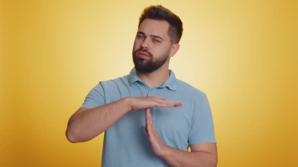 Tired Serious Upset Young Caucasian Man Showing Time Out Gesture — Stock Video