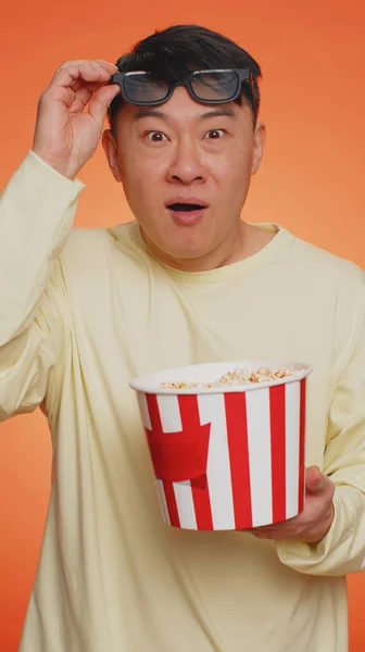 Excited Asian Man Glasses Eating Popcorn Watching Interesting Serial Sport — Fotografia de Stock