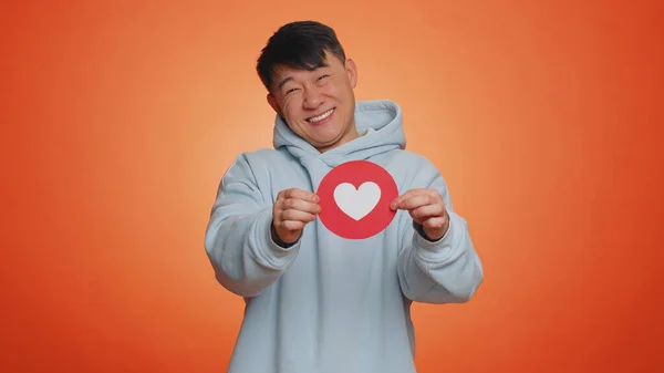 Happy Lovely Asian Man Show Heart Banner Inscription Agrees Something — Fotografia de Stock