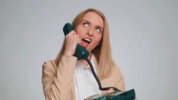 Portrait Young Businesswoman Talking Wired Vintage Telephone 80S Fooling Making —  Fotos de Stock