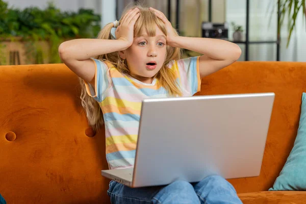 Portrait Caucasian Toddler Girl Use Laptop Typing Browsing Working Loses — Stockfoto