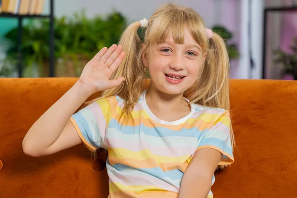 Young Blonde Child Kid Girl Smiling Friendly Camera Waving Hands — Photo