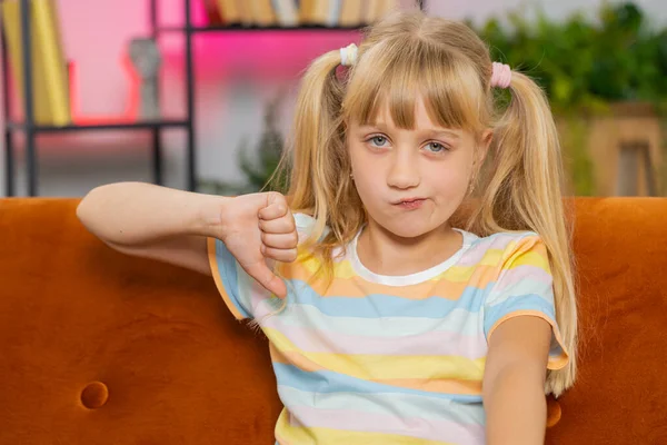 Dislike Upset Girl Showing Thumbs Sign Gesture Expressing Discontent Disapproval — Foto Stock