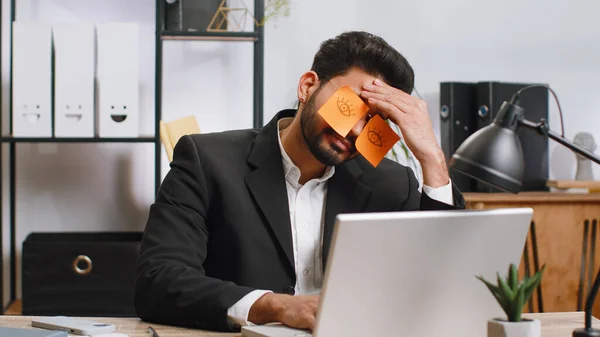 Inefficient Tired Young Businessman Working Sleeping Laptop Computer Eyes Stickers — Stock Photo, Image