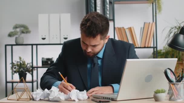Angry Furious Young Man Working Office Throwing Crumpled Paper Having — Stock Video