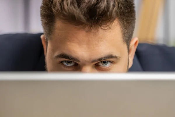 Close Confident Businessman Hiding Laptop Computer Looking Camera Spying His — Stock Photo, Image