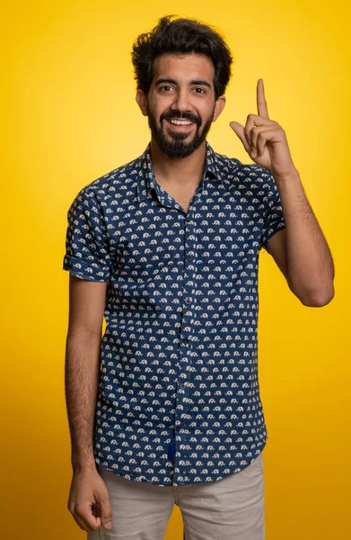 Eureka Inspired Young Indian Man Pointing Finger Open Mouth Having — Stock Photo, Image